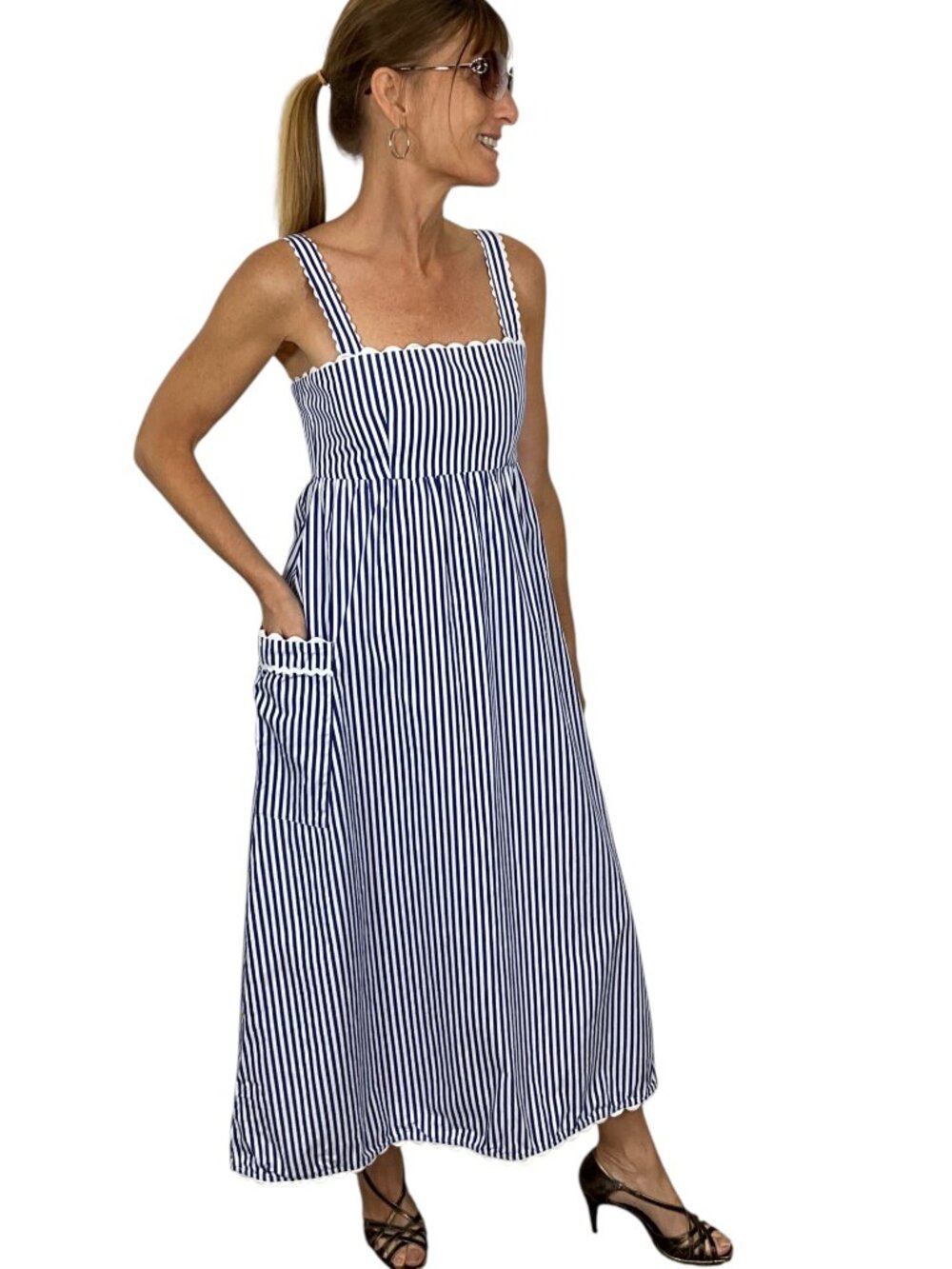 Tuckernuck Blue Stripe Georgia Sleeveless Dress XS Cotton A-Line DEFECT - Picture 4 of 16